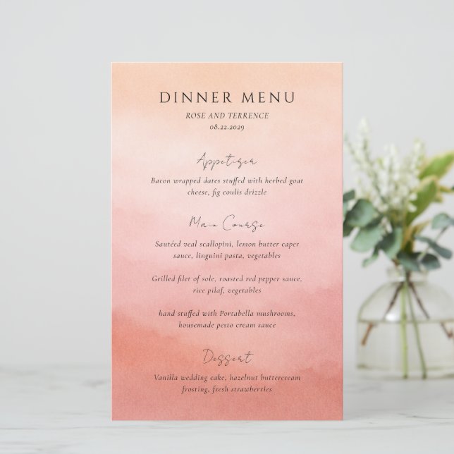Menú de Boda Chic Costero de Coral Moderno y Elega (Anverso de pie)