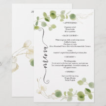 Menú de boda chic de eucalipto rústico en oro