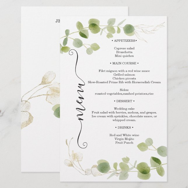 Menú de boda chic de eucalipto rústico en oro (Anverso / Reverso)