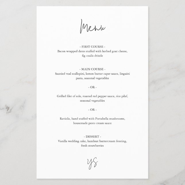 Menú de Boda Chic Moderno en Blanco y Negro (Frente)