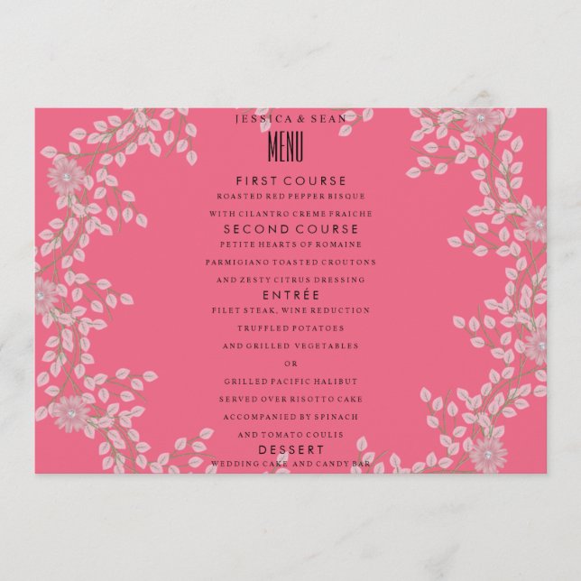 Menú de Boda Chic Pink Floral & Perlas (Anverso)