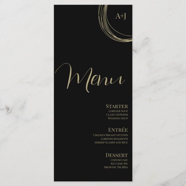 Menú de Boda Circular con Letra Negra Dorada Elega (Anverso)