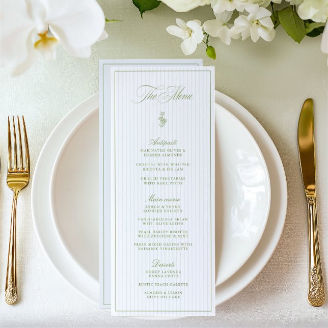Menú de Boda Clásico a Rayas Verde y Azul (Classic Sage Green & Blue Striped Wedding Menu)