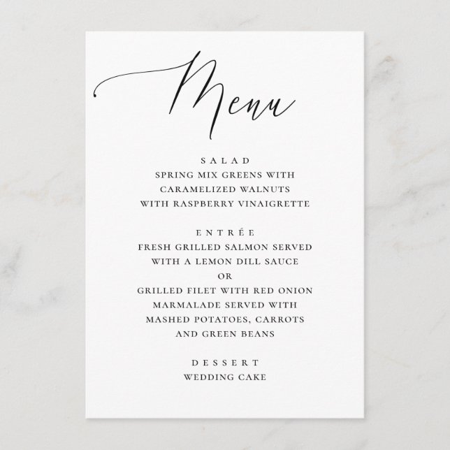 Menú de boda clásico de cena con letra blanca y ne (Anverso)