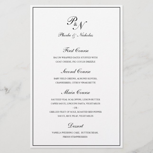 Menú de boda clásico elegante en blanco y negro (Anverso)