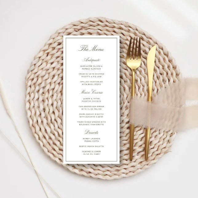Menú de Boda Clásico Elegante Polvo Verde (Elegant dusty green wedding menus elevate your reception with a refined and cohesive look.)