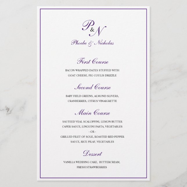 Menú de Boda Clásico Elegante Royal Purple (Anverso)