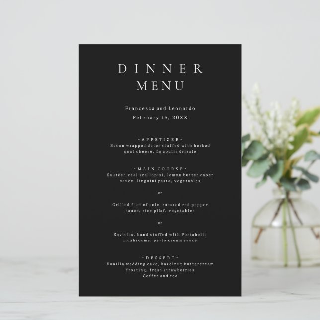 Menú de Boda Clásico Negro Simple (Anverso de pie)