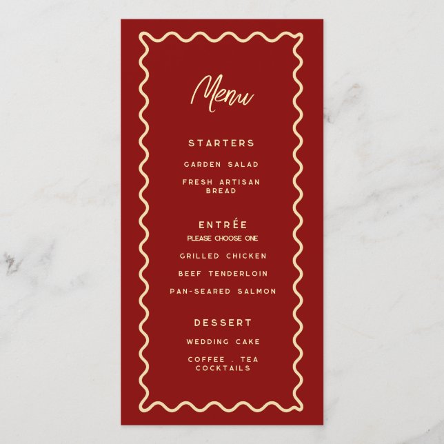 Menú de boda clásico retro caprichoso rojo (Anverso)