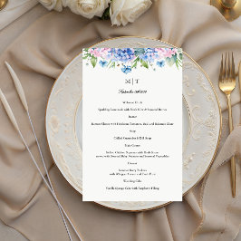 Menú de boda con borde de hortensia azul Monograma