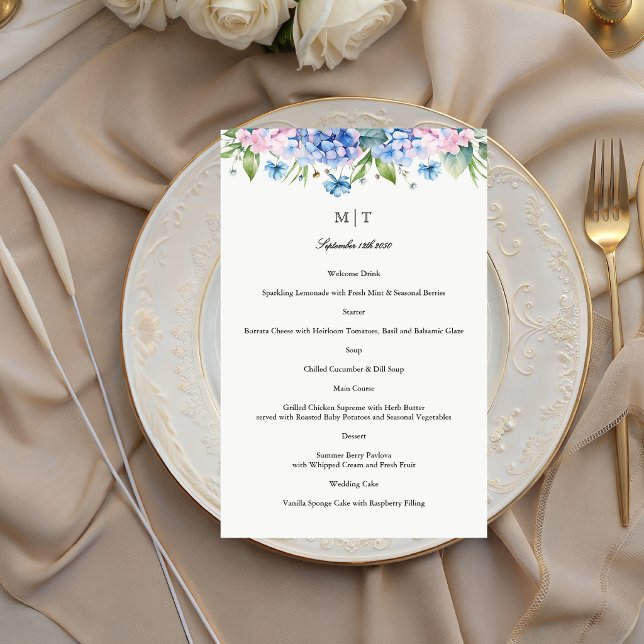 Menú de boda con borde de hortensia azul Monograma (Subido por el creador)