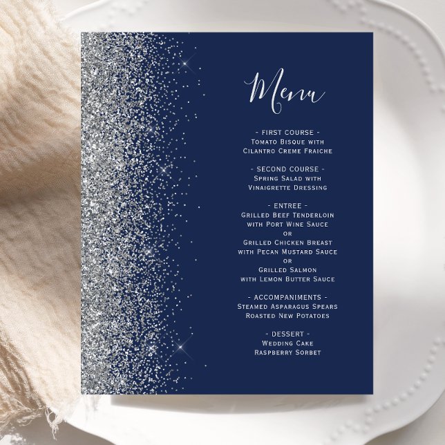 Menú de boda con borde de purpurina plateada azul  (Subido por el creador)