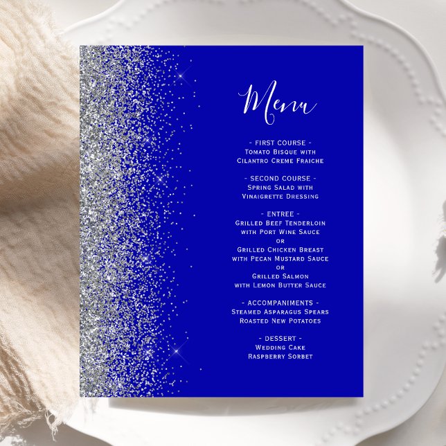 Menú de boda con borde de purpurina plateada azul  (Subido por el creador)