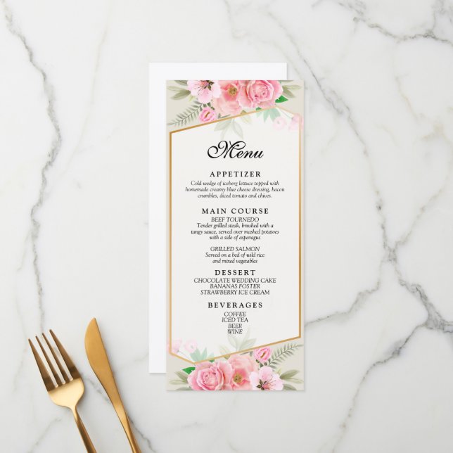 Menú de boda con borde de rosa rosa elegante (Anverso/Reverso In Situ)
