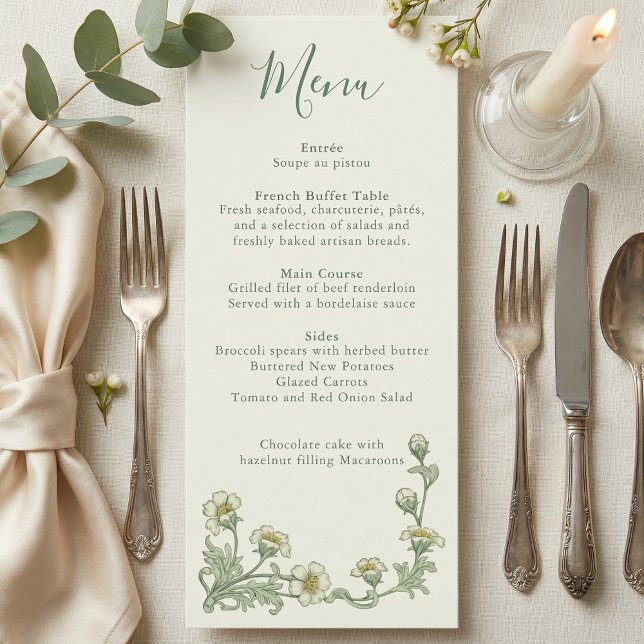 menú de boda con borde floral Sage Art Nouveau (Art Nouveau Sage Floral border wedding menu)