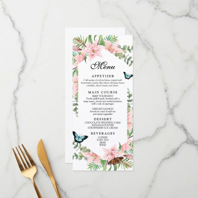 Menú de boda con borde tropical bonito (Anverso/Reverso In Situ)