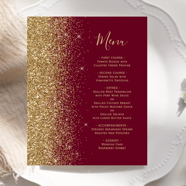 Menú de boda con brillo dorado y rojo de Borgoña e (Subido por el creador)