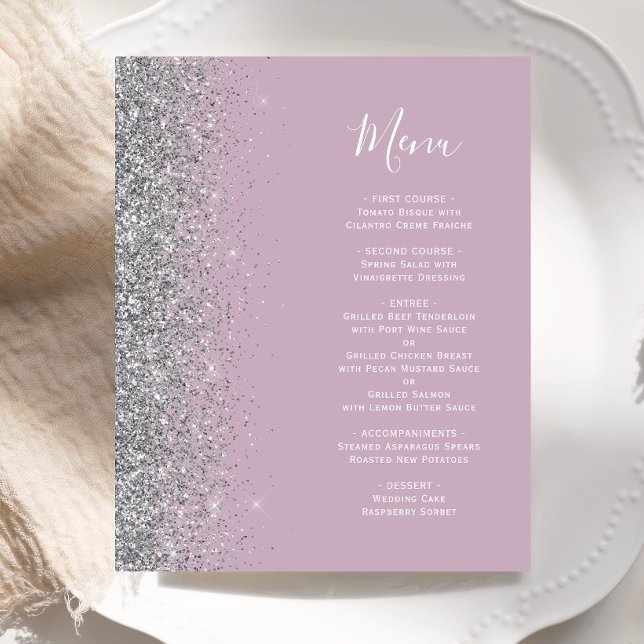 Menú de boda con brillo plateado y lila polvorient (Subido por el creador)