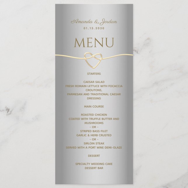 Menú de Boda con Caligrafía en Plata y Oro Elegant (Anverso)
