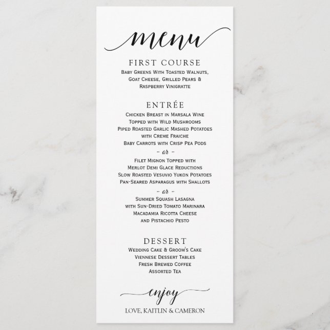 Menú de Boda con Caligrafía Romántica | 4 x 9 | Ne (Anverso)