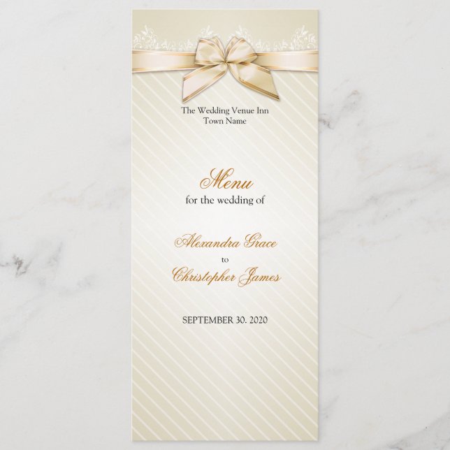 Menú de Boda con Cintas de Marfil y Rayas Doradas (Anverso)
