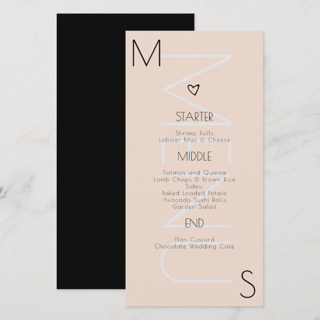 Menú de Boda con Corazón Monogramado (Anverso / Reverso)