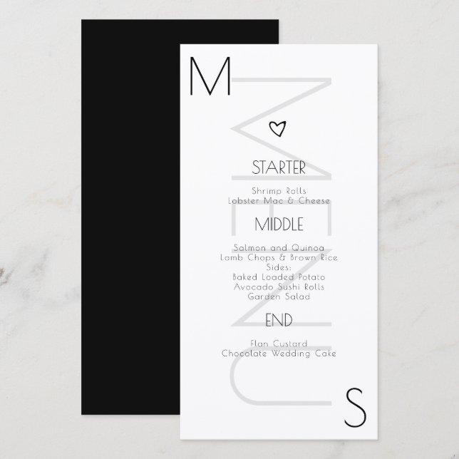 Menú de boda con corazón monogramado negro y blanc (Anverso / Reverso)