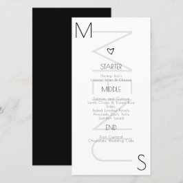 Menú de boda con corazón monogramado negro y blanc
