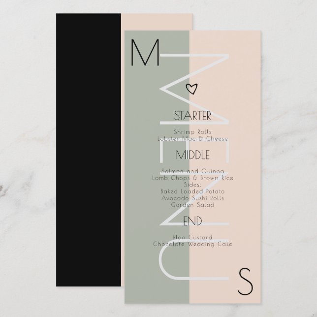 Menú de boda con corazón monogramado rosa salvia (Anverso / Reverso)