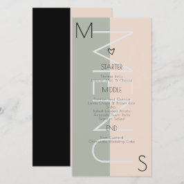Menú de boda con corazón monogramado rosa salvia