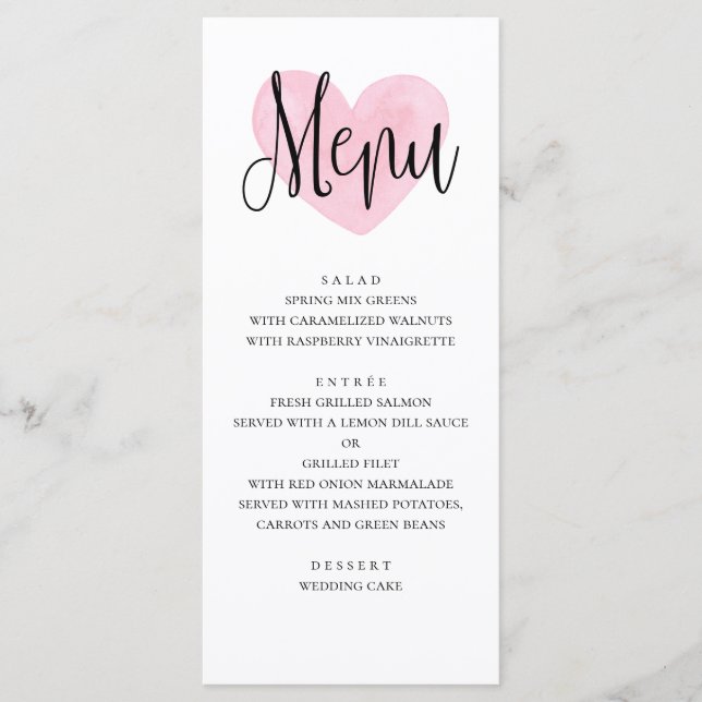 Menú de boda con corazón rosa. Cena moderna románt (Anverso)