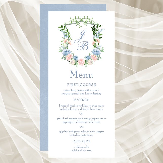 Menú de boda con cresta floral azul polvoriento (Subido por el creador)