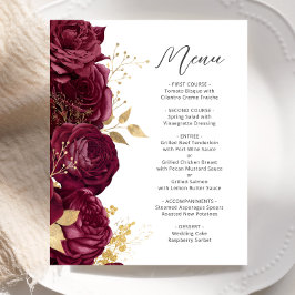 Menú de boda con escritura floral de oro de Borgoñ