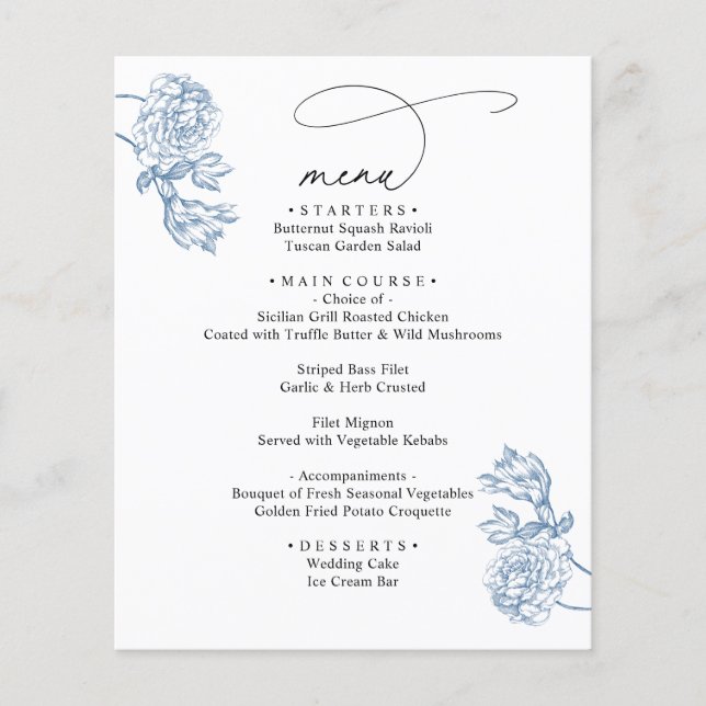 Menú de Boda con Escritura Moderna Floral Azul Ele (Anverso)