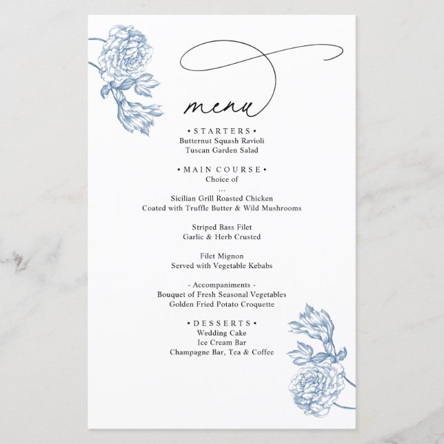Menú de Boda con Escritura Moderna Floral Azul Vin (Anverso)