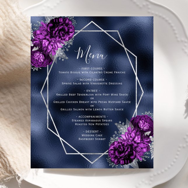 Menú de Boda con Flores Purpúreas y Hoja de Plata  (Subido por el creador)