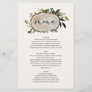 Menú de boda con flores rústicas y cuernos de cier