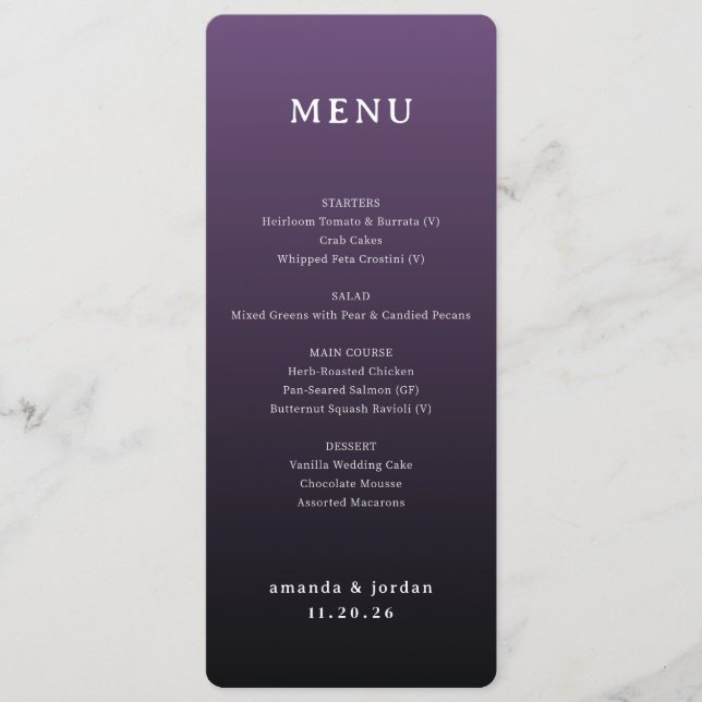 Menú de Boda con Gradiente de Púrpura Elegante (Anverso)
