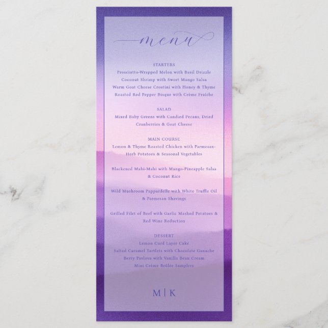 Menú de Boda con Gradiente Púrpura Elegante (Anverso)