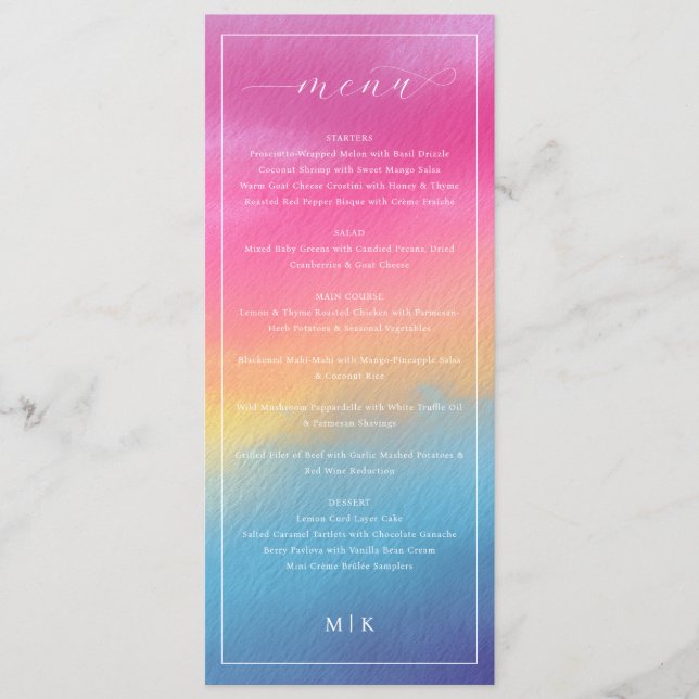 Menú de Boda con Gradiente Rosa Azul Elegante (Anverso)