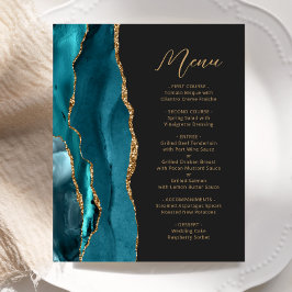 Menú de boda con guión de ágata dorada azul teal e
