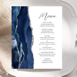 Menú de boda con guión de ágata plateada azul mari