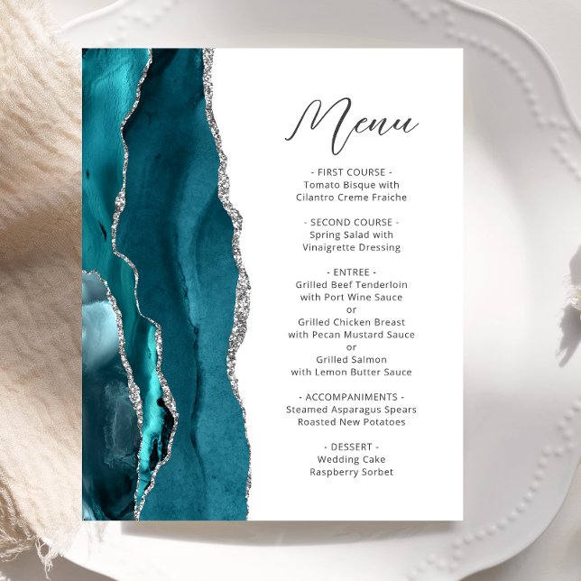 Menú de Boda con Guión de Ágata Plateada Azul Teal (Subido por el creador)
