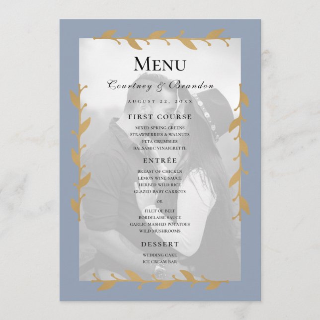 Menú de boda con hojas doradas y foto moderna en a (Anverso)