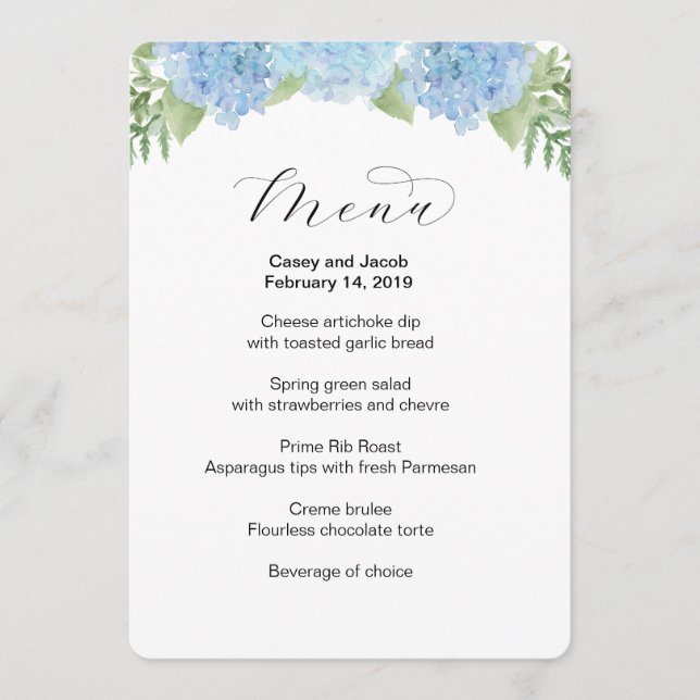 Menú de boda con hortensias florales azules (Anverso)