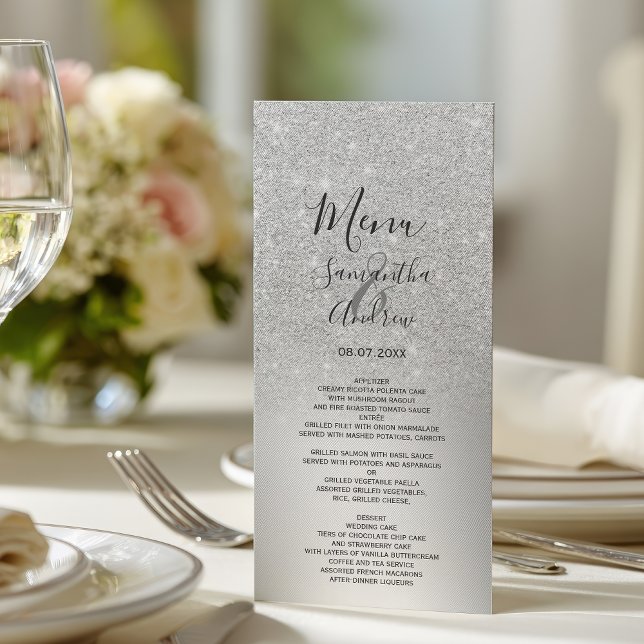 Menú de boda con lámina metálica ombre de brillo p (Silver glitter ombre metallic foil wedding menu)