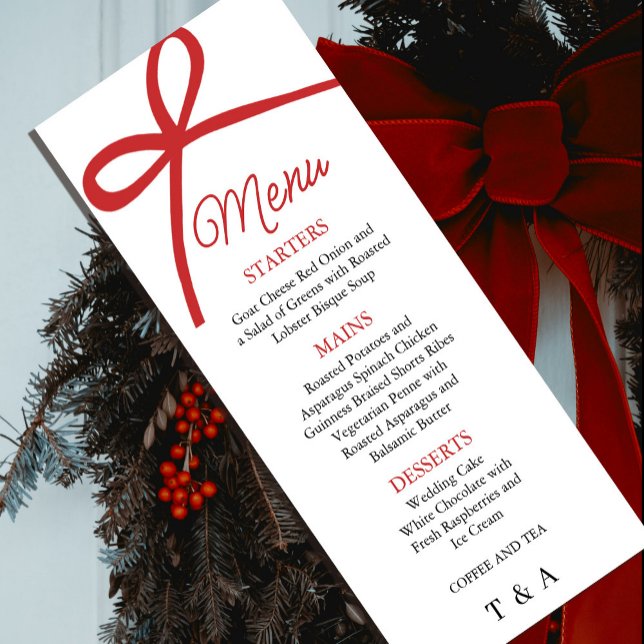 Menú de Boda con Lazo Rojo Elegante (Elegant Red Bow Wedding Menu #zazzlemade #christmas #weddingmenu #dinner #redbowmenu #blackred)