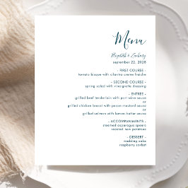 Menú de boda con letra azul teal moderna y presupu