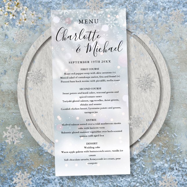 Menú de Boda con Letra de Firma de Copos de Nieve  (Winter Snowflakes Signature Script Wedding Menu)