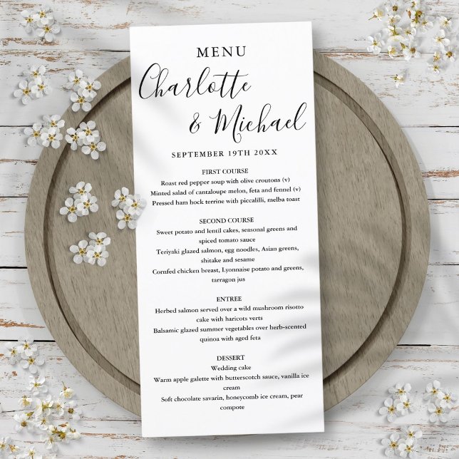 Menú de Boda con Letra de Firma Simple en Blanco y (Simple Black White Signature Script Wedding Menu)